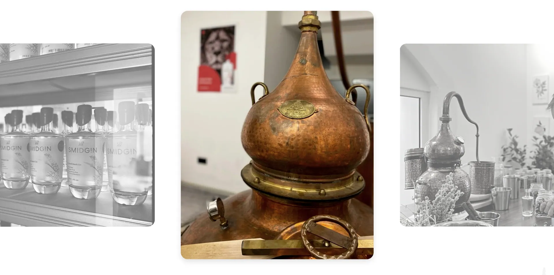 A copper alembic still in the MCM distillery, flanked by black and white photographs of the still room and shelves of Smidgin bottles